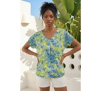 Roman Floral Print Pleat Front Top for Women UK - Ladies Spring Everyday Summer Holiday V-Neckline Comfy Short Sleeve Soft Stretch Jersey Shirt Office Business Blouses - Lime - Size 12