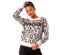 Roman Amour Animal Print Knit Jumper for Women UK - Ladies Autumn Everyday Winter Holiday Round Neckline Comfy Long Sleeve Soft Warm Feel Sweater Office Desk Tops - Ivory - Size M