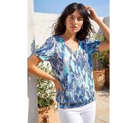 Roman Originals Blouson Top for Women Ladies Bubble Hem Stretchy Jersey Puff Sleeve Summer Smart Casual Office Work Spring Everyday Evening Vacation Work Holiday V Neck - Blue - Size 16