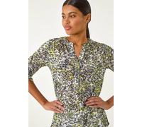 Roman Originals Shirt for Women UK Ladies Top Collarless Blouse Stretchy Tunic Smart Casual Autumn Winter Jersey 3/4 Length Sleeve Notch V Neck Flattering Office Work - Lime - Size 12