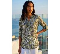 Roman Originals Shirt for Women UK Ladies Top Collarless Blouse Stretchy Tunic Smart Casual Autumn Winter Jersey 3/4 Length Sleeve Notch V Neck Flattering Office Work - Lime - Size 14