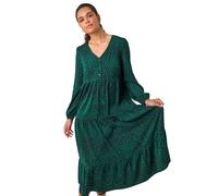 Roman Originals Spot Button Detail Smock Midi Dress for Women UK - Ladies Everyday Autumn Winter V-Neckline Comfy Soft Evening Vacation Work Party Night Out - Dark Green - Size 10