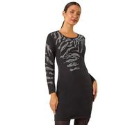 Roman Animal Print Embellished Hotfix Shift Dress for Women UK - Ladies Autumn Everyday Winter Holiday Round Neckline Comfy Long Sleeve Soft Knee Length Dinner Date Gowns - Black - Size 16