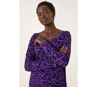 Roman Originals Animal Print Embellished Trim Jumper for Women UK - Ladies Everyday Autumn Winter Scoop Neckline Comfy Soft Evening Vacation Work Party Night Out - Purple - Size 14