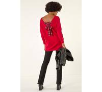 Roman One Size Animal Print Tie Back Jumper for Women UK - Ladies Autumn Everyday Winter Holiday V-Neckline Comfy Long Sleeve Soft Draped Sweater Knitted Top - Red - Size L