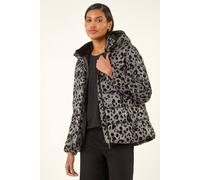 Roman Originals Flock Padded Coat with Hood for Women UK - Ladies Flock Quilt Quilted Waterproof Windproof Autumn Winter Everyday Animal Floral Print Funnel Neckline - Grey - Size 16
