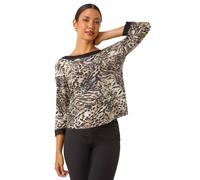 Roman Originals Animal Print Holgraphic Top for Women UK - Ladies Everyday Autumn Winter Boat Neckline Comfy Soft Evening Vacation Work Party Night Out - Natural - Size 18