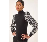 Roman Women's Animal Print Mesh Sleeve Knit in Black | Size: 16 Roman Black 16