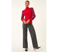 Roman Women's Animal Print Mesh Sleeve Knit in Red | Size: 12