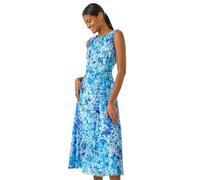 Roman Animal Print Pleated Chiffon Dress for Women UK - Ladies Spring Everyday Summer Holiday Round Neckline Comfy Sleeveless Soft Fit & Flare Frock Midi Length Gowns - Blue - Size 18