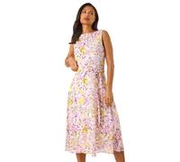 Roman Animal Print Pleated Chiffon Dress for Women UK - Ladies Spring Everyday Summer Holiday Round Neckline Comfy Sleeveless Soft Fit & Flare Frock Midi Length Gowns - Pink Floral - Size 18