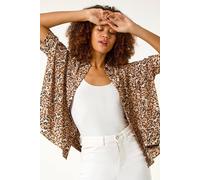 Roman Relaxed Smart Stretch Shirt for Women UK - Ladies Spring Everyday Summer Break 3/4 Length Sleeve Soft Classic Collar Comfy Lightweight Blouse Vacation Tops - Tan Leopard - Size 16