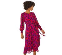 Roman Animal Print Shirred Midi Dress In Magenta Magenta 16
