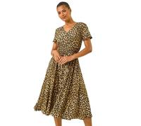 Roman Animal Print Shirred Midi Dress In Tan Tan 10