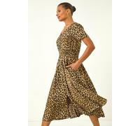 Roman Originals Shirred Empire Waist Dress for Women UK Ladies Midi Maxi Summer Spring Tiered Frill Hem Short Sleeve V Neck Button Through Boho Bohemian Holiday Cruise - Tan Animal - Size 12