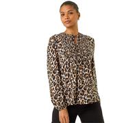 Roman Animal Print Shirred Tie Neck Top In Tan Tan 12