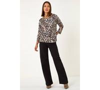 Roman Originals Animal Print Embellished Neck Jumper for Women UK - Ladies Everyday Autumn Winter Round Neckline Comfy Soft Evening Vacation Work Party Night Out - Taupe - Size 18