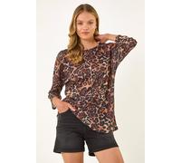 Roman Originals Animal Print Stretch Top for Women UK - Ladies Everyday Holiday Spring Summer Round Neckline Comfy Soft Evening Vacation Work Party - Tan - Size 16