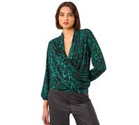 Roman Originals Animal Print Stretch Wrap Top for Women UK - Ladies Everyday Autumn Winter V-Neckline Comfy Soft Evening Vacation Work Party Night Out - Dark Green - Size 14