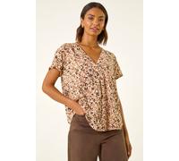 Roman Pleat Front Top for Women UK Ladies Pleated Shirt Notch V Neck Blouse Summer Tunic Spring Pull-On Comfy Soft Evening Holiday Vacation Work Party Everyday - Abstract Green - Size 12