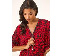 Roman Originals Animal Print Zip Front Stretch Top for Women UK - Ladies Everyday Autumn Winter V-Neckline Comfy Soft Evening Vacation Work Party Night Out - Red - Size 10