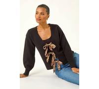 Roman Originals Animal Tie Front Knit Cardigan for Women UK - Ladies Everyday Autumn Winter V-Neckline Comfy Soft Evening Vacation Work Party Night Out - Black - Size 18