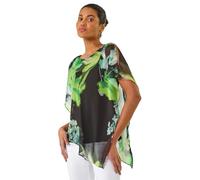 Roman Asymmetric Cold Shoulder Stretch Top for Women UK - Ladies Spring Everyday Summer Holiday Round Neckline Comfy Chiffon-Like Fabric Soft Layered Shirt Vacation Blouses - Green Floral - Size 20