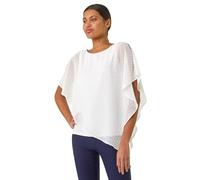 Roman Asymmetric Cold Shoulder Stretch Top for Women UK - Ladies Spring Everyday Summer Holiday Round Neckline Comfy Chiffon-Like Fabric Soft Layered Shirt Vacation Blouses - Spot Ivory - Size 16