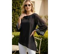 Roman Originals Asymmetric Sequin Cuff Top for Women UK - Ladies Everyday Autumn Winter Round Neckline Comfy Soft Evening Vacation Work Party Night Out - Black - Size 12