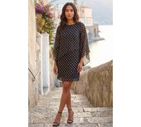 Roman Originals Asymmetric Spot Print Overlay Dress for Women UK - Ladies Everyday Autumn Winter Round Neckline Comfy Soft Evening Vacation Work Party Night Out - Black - Size 14