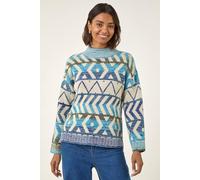 Roman Women's Aztec High Neck Knit Jumper in Blue | Size: 14 Roman Blue 14