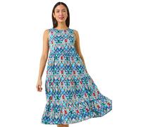 Roman Aztec Panel Midi Smock Dress for Women UK - Ladies Spring Everyday Summer Holiday Round Neckline Comfy Sleeveless Soft Daywear Frock Vacation Beach Gowns - Blue Abstract - Size 16