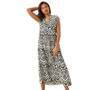 Roman Aztec Print Midi Smock Dress for Women UK - Ladies Spring Everyday Summer Holiday V-Neckline Comfy Sleeveless Soft Frill Hem Frock Vacation Gowns - Black - Size 20