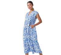Roman Aztec Print Midi Smock Dress for Women UK - Ladies Spring Everyday Summer Holiday V-Neckline Comfy Sleeveless Soft Frill Hem Frock Vacation Gowns - Royal Blue - Size 20