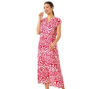 Roman Aztec Print Midi Smock Dress for Women UK - Ladies Spring Everyday Summer Holiday V-Neckline Comfy Sleeveless Soft Frill Hem Frock Vacation Gowns - Fuchsia - Size 10