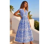 Roman Aztec Print Midi Smock Dress for Women UK - Ladies Spring Everyday Summer Holiday V-Neckline Comfy Sleeveless Soft Frill Hem Frock Vacation Gowns - Royal Blue - Size 20