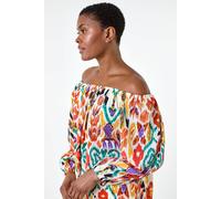 Roman Aztec Print Stretch Bardot Top In Orange Orange S/M