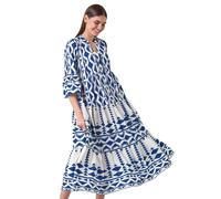 Roman Originals Aztec Print Tiered Midi Smock Dress for Women UK - Ladies Everyday Holiday Spring Summer Notch Neckline Comfy Soft Evening Vacation Work Party - Navy - Size 16