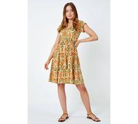 Roman Originals Aztec Print Tiered Tea Dress for Women UK - Ladies Everyday Holiday Spring Summer V Neckline Comfy Soft Evening Vacation Work Party - Khaki - Size 20