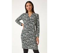 Roman Originals Aztec Print V-Neck Shift Stretch Dress for Women UK - Ladies Everyday Autumn Winter Comfy Soft Evening Vacation Work Party Night Out - Teal - Size 14