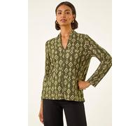 Roman Aztec Print V-Neck Stretch Top In Khaki Khaki