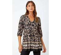 Aztec Print V-Neck Stretch Tunic Smock Top Roman Black 12
