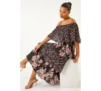 Roman Originals Bardot Ditsy Floral Midi Dress for Women UK - Ladies Everyday Holiday Spring Summer Comfy Soft Evening Vacation Work Party - Black - Size 12