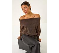 Roman Originals Bardot Shimmer Knit Jumper for Women UK - Ladies Everyday Autumn Winter Comfy Soft Evening Vacation Work Party Night Out - Bronze - Size 16