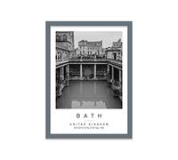 Roman Baths Travel Print Bath Wall art Black and white Poster A3 Print in Grey frame 33.5 X 45.5cm (13.2x18inch)