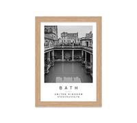 Roman Baths Travel Print Bath Wall art Black and white Poster A5 Print in Oak Effect frame 20 X 24.5cm (7x9.6inch)