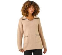 Roman Blanket Stitch Collared Jumper for Women UK - Ladies Autumn Everyday Winter Holiday V-Neckline Comfy Long Sleeve Soft Warm Feel Top Office Desk Sweaters - Biscuit - Size 12