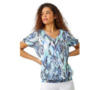 Roman Originals Blouson Top for Women Ladies Bubble Hem Stretchy Jersey Puff Sleeve Summer Smart Casual Office Work Spring Everyday Evening Vacation Work Holiday V Neck - Blue - Size 12