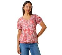 Roman Blouson Top for Women Ladies Bubble Hem Stretchy Jersey Puff Sleeve Summer Smart Casual Office Work Spring Everyday Evening Vacation Work Holiday V Neck - Paisley Red - Size 20