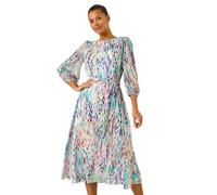 Roman Blurred Print Pleat Neck Midi Dress for Women UK - Ladies Spring Everyday Summer Holiday Round Neckline Comfy Long Sleeve Soft Fit & Flare Frock Dinner Date Gowns - White - Size 12